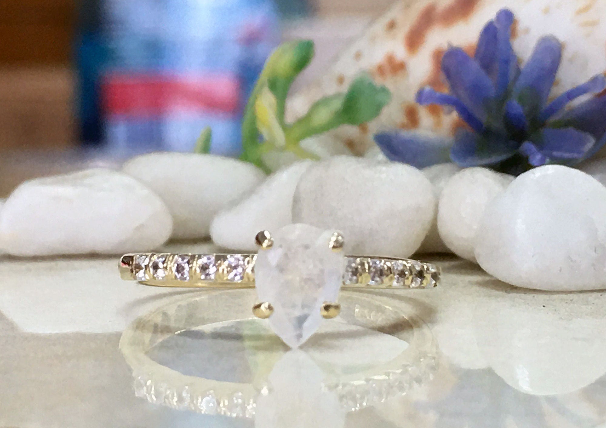 Pear-Shaped Rainbow Moonstone Delicate Ring with Clear Quartz Accents - H.L.Jewelry