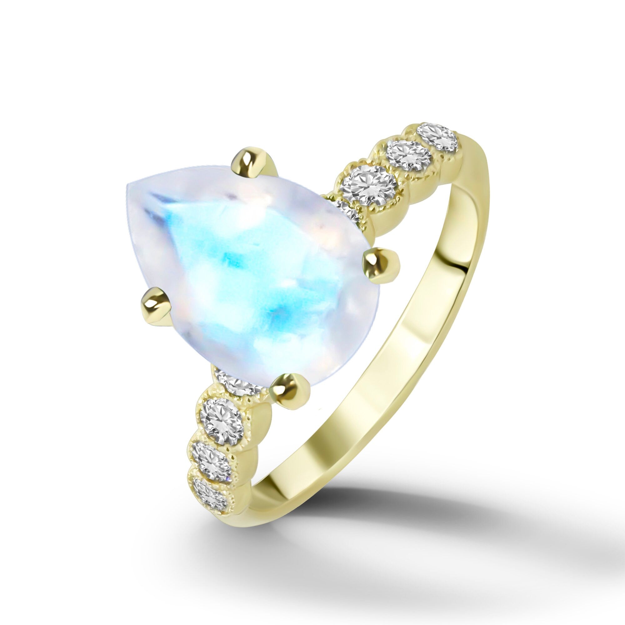 Pear-Shaped Rainbow Moonstone Engagement Ring with Clear Quartz Accents - H.L.Jewelry