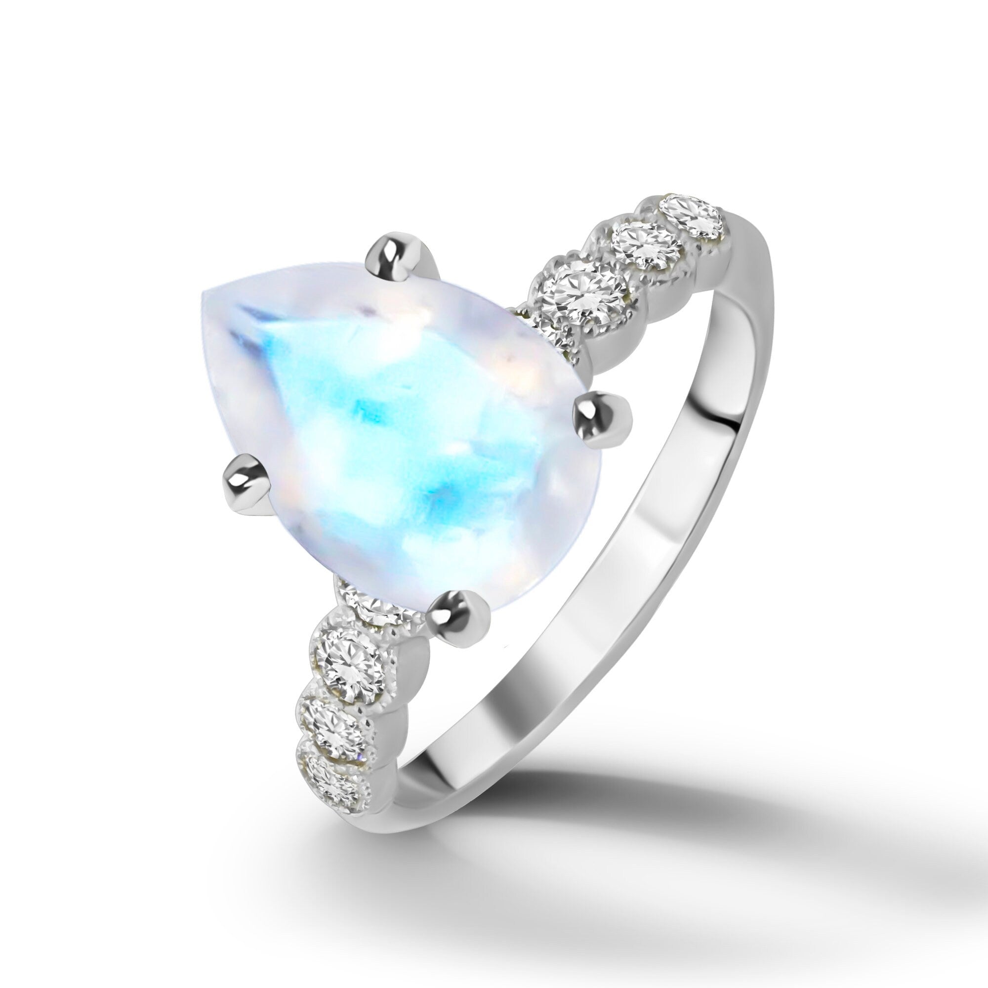 Pear-Shaped Rainbow Moonstone Engagement Ring with Clear Quartz Accents - H.L.Jewelry