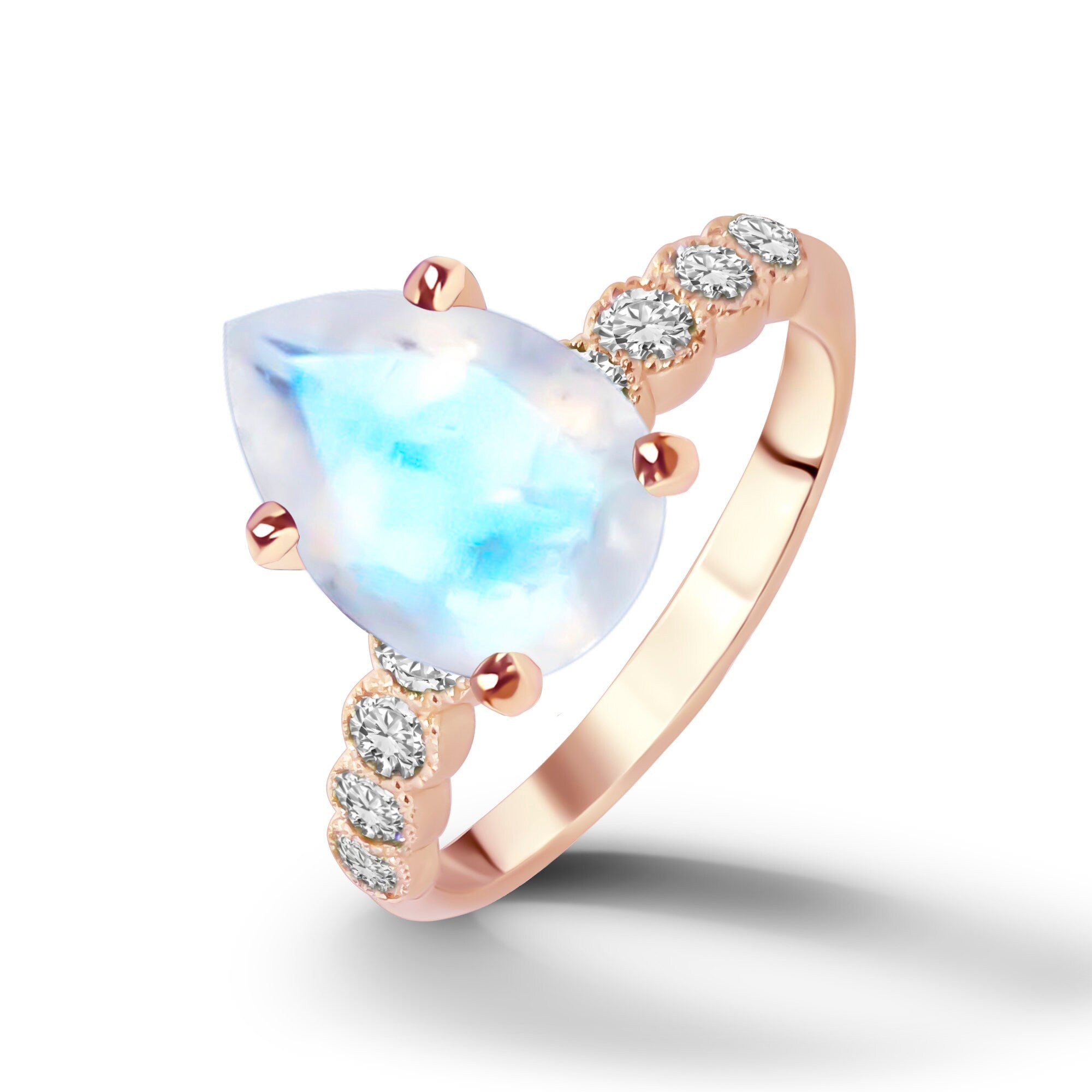 Pear-Shaped Rainbow Moonstone Engagement Ring with Clear Quartz Accents - H.L.Jewelry