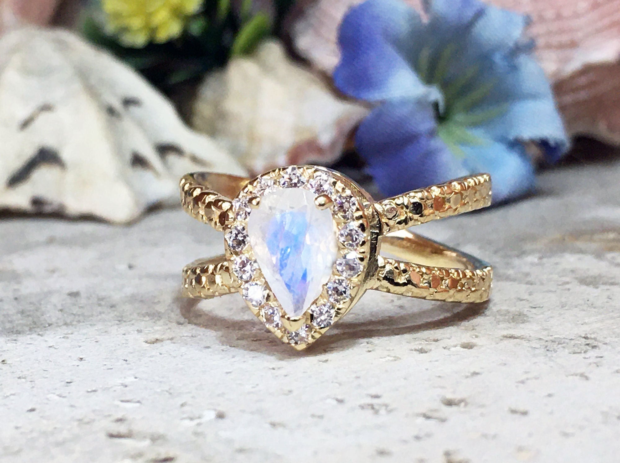 Pear-Shaped Rainbow Moonstone Ring with Clear Quartz Halo - H.L.Jewelry