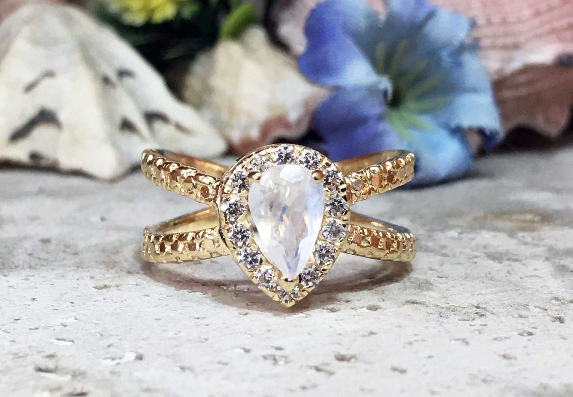 Pear-Shaped Rainbow Moonstone Ring with Clear Quartz Halo - H.L.Jewelry