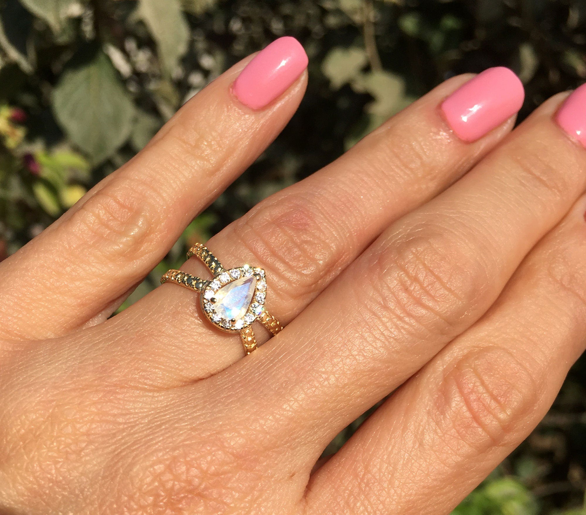 Pear-Shaped Rainbow Moonstone Ring with Clear Quartz Halo - H.L.Jewelry