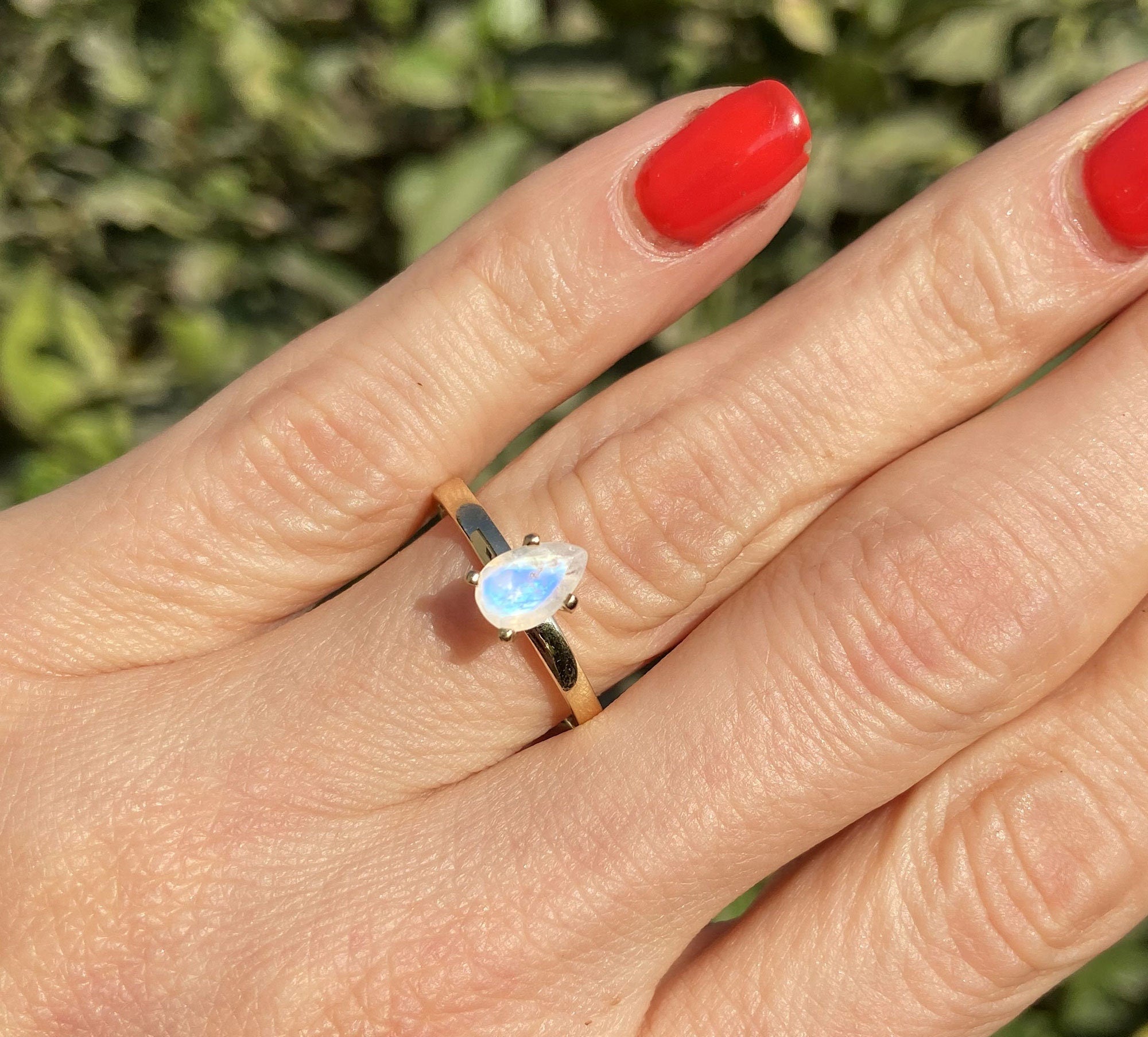 Pear-Shaped Rainbow Moonstone Simple Solitaire Ring - H.L.Jewelry