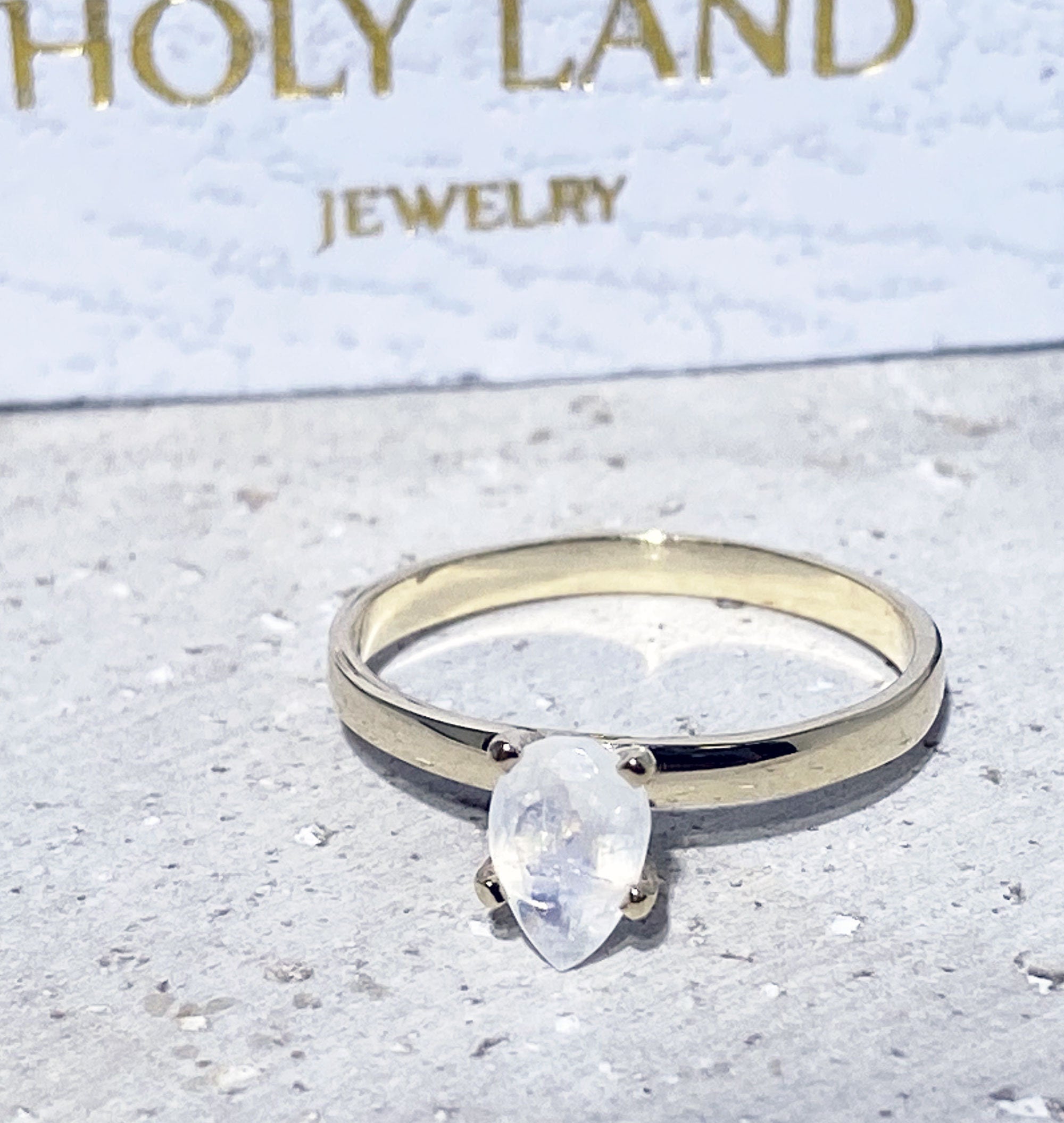 Pear-Shaped Rainbow Moonstone Simple Solitaire Ring - H.L.Jewelry