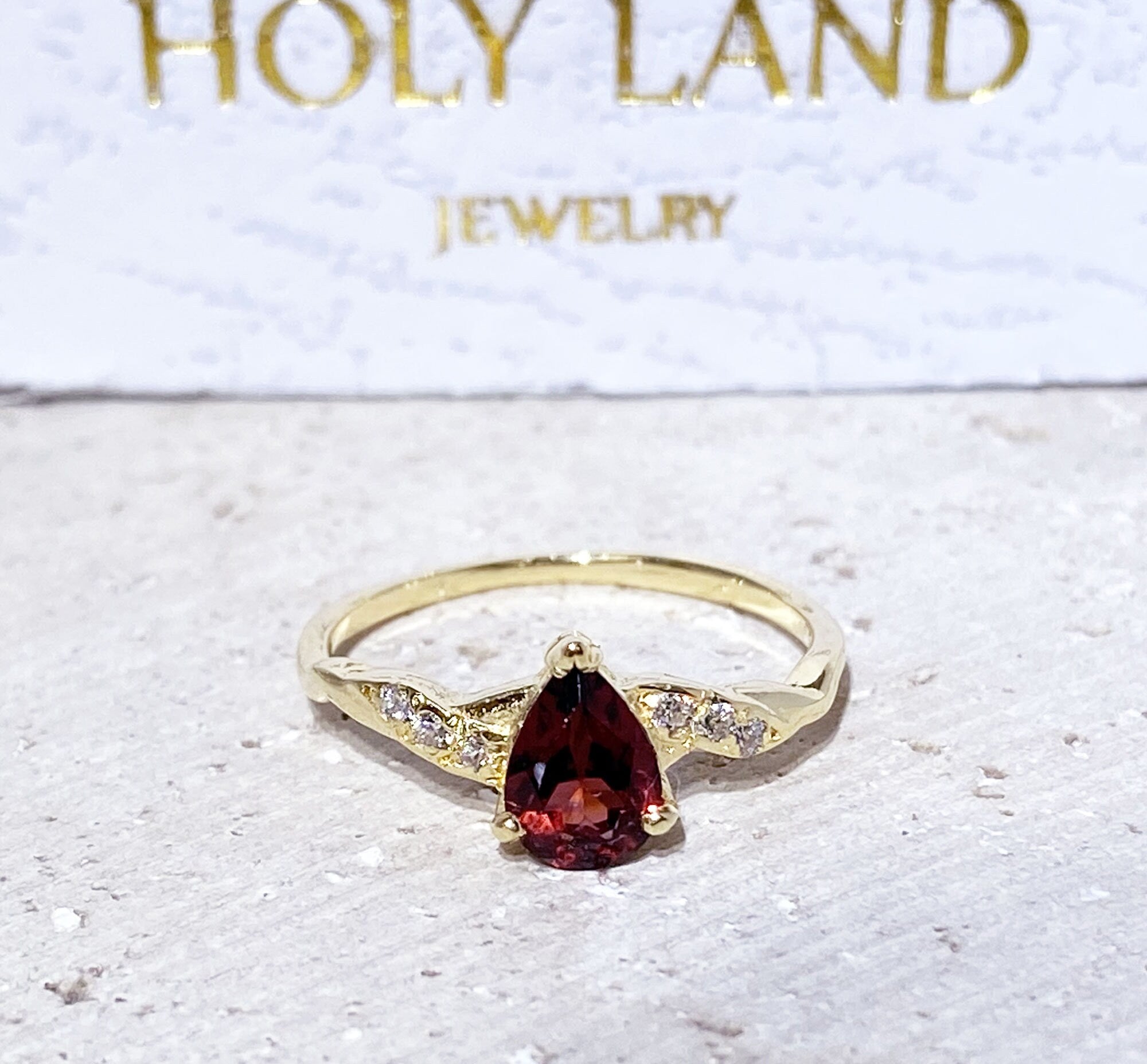 Pear-Shaped Red Garnet Delicate Ring with Clear Quartz Trio Accents - H.L.Jewelry