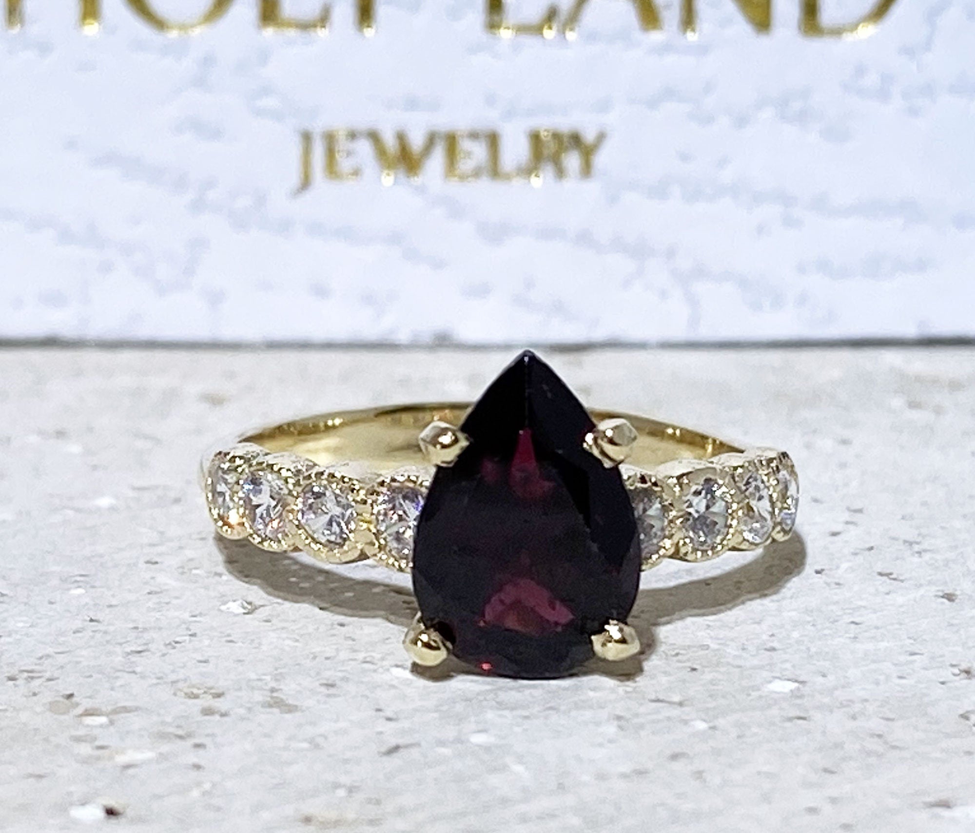 Pear-Shaped Red Garnet Engagement Ring with Clear Quartz Accents - H.L.Jewelry