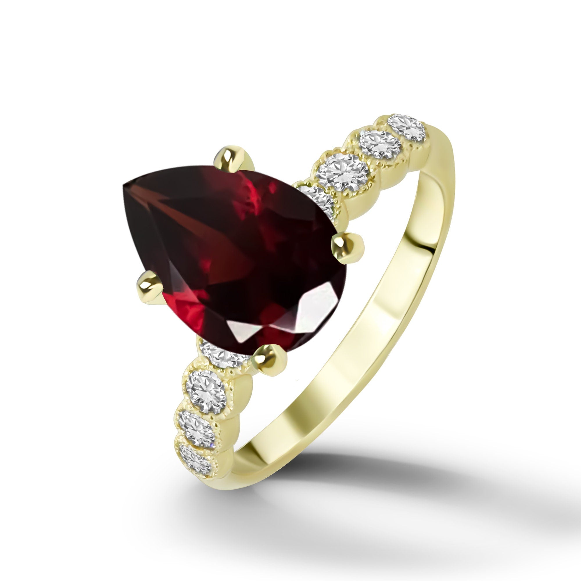 Pear-Shaped Red Garnet Engagement Ring with Clear Quartz Accents - H.L.Jewelry