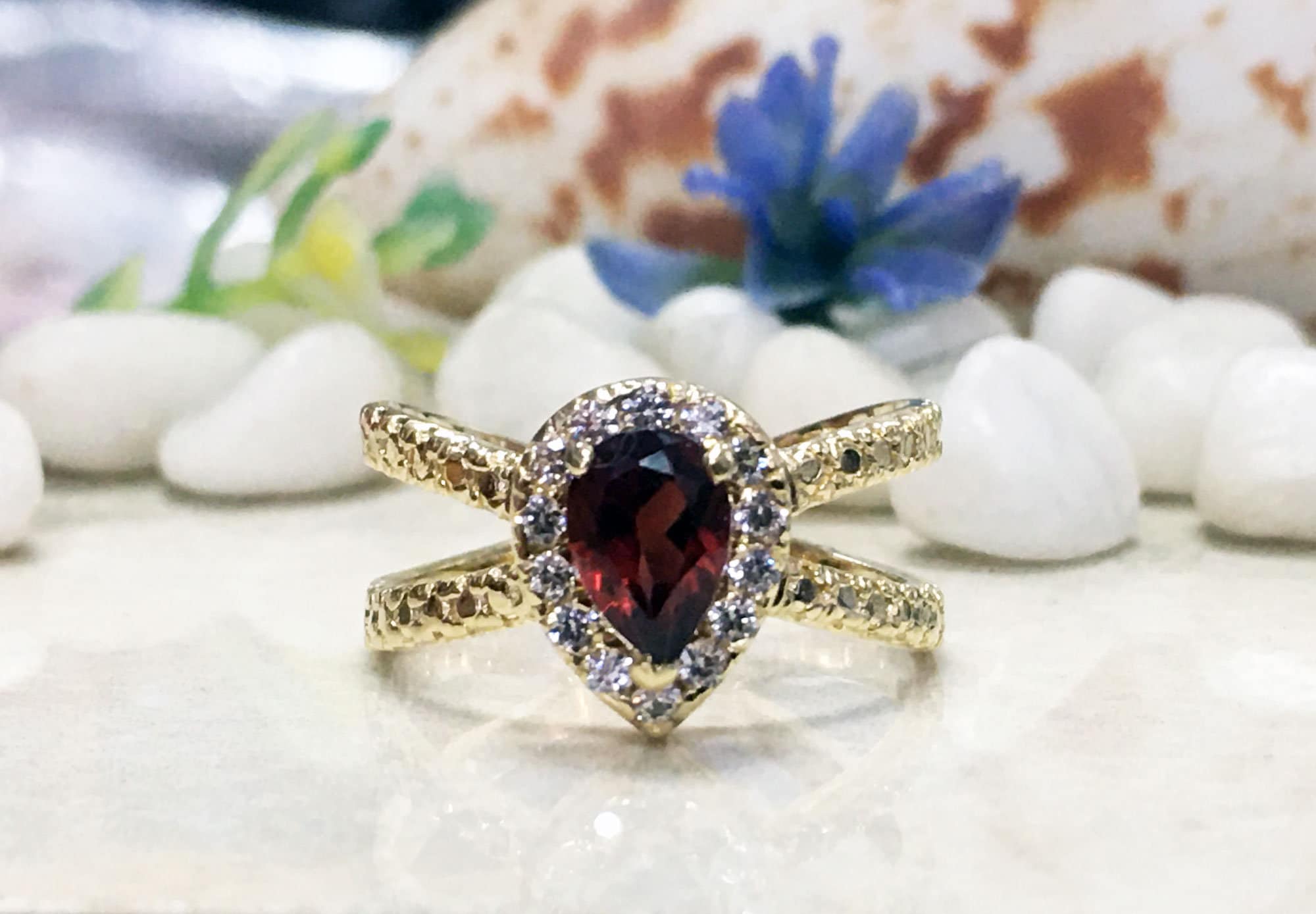 Pear Shaped Red Garnet Ring with Clear Quartz Halo - H.L.Jewelry