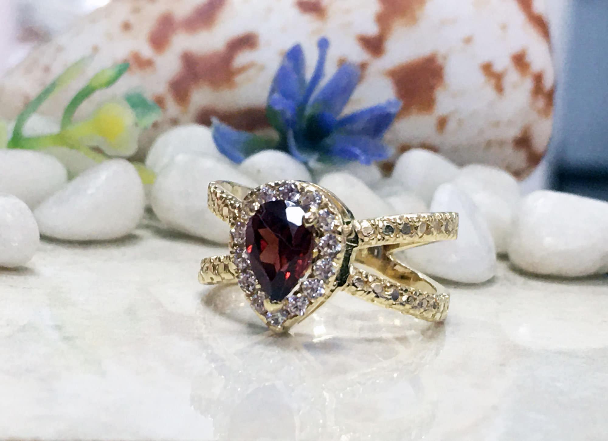 Pear Shaped Red Garnet Ring with Clear Quartz Halo - H.L.Jewelry