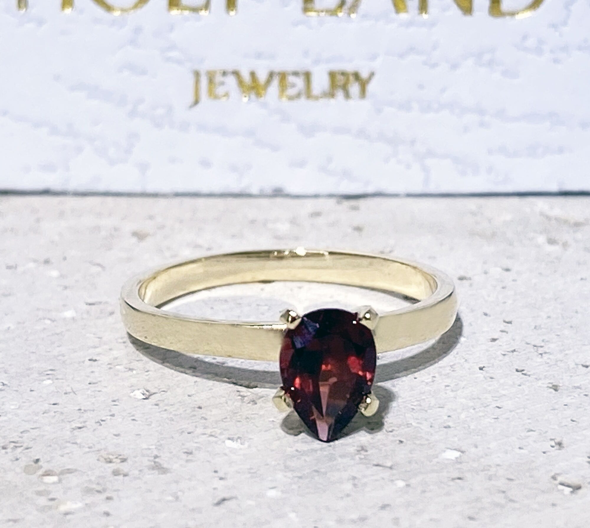 Pear-Shaped Red Garnet Simple Solitaire Ring - H.L.Jewelry