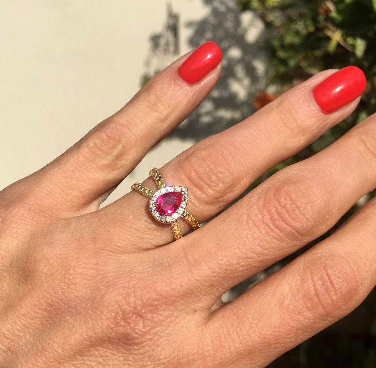 July Birthstone Pear Ruby Ring with Clear Quartz Halo - H.L.Jewelry