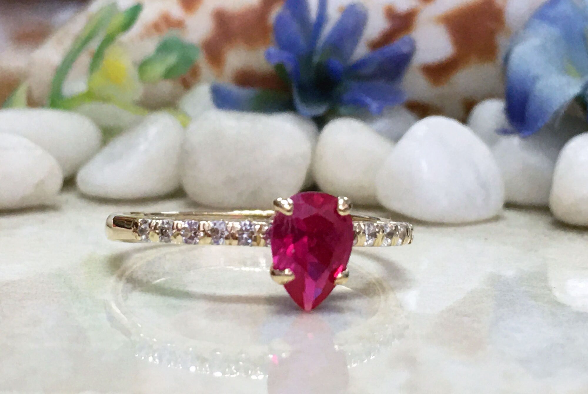 Pear-Shaped Ruby Delicate Ring with Clear Quartz Accents - H.L.Jewelry