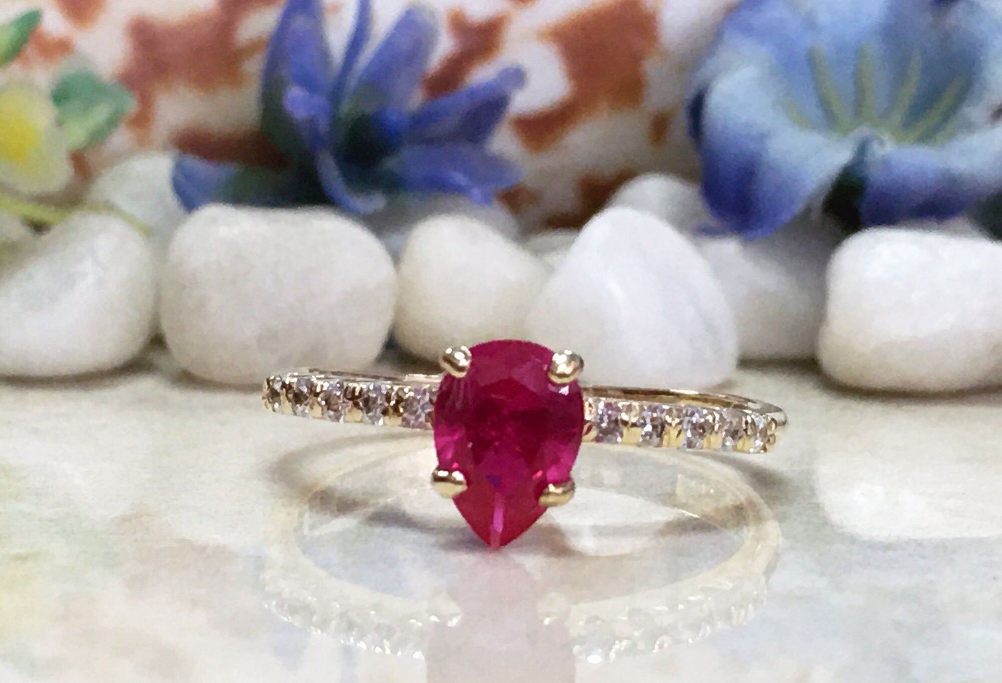 Pear-Shaped Ruby Delicate Ring with Clear Quartz Accents - H.L.Jewelry