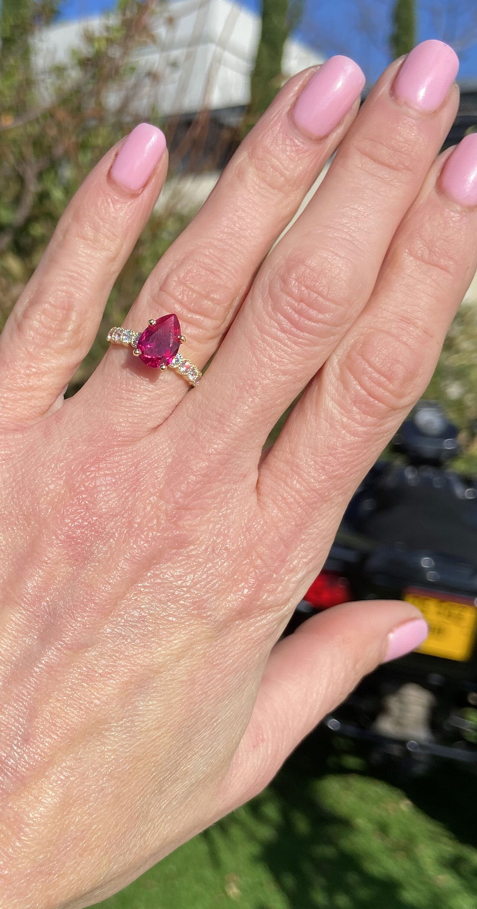 Pear-Shaped Ruby Engagement Ring with Clear Quartz Accents - H.L.Jewelry