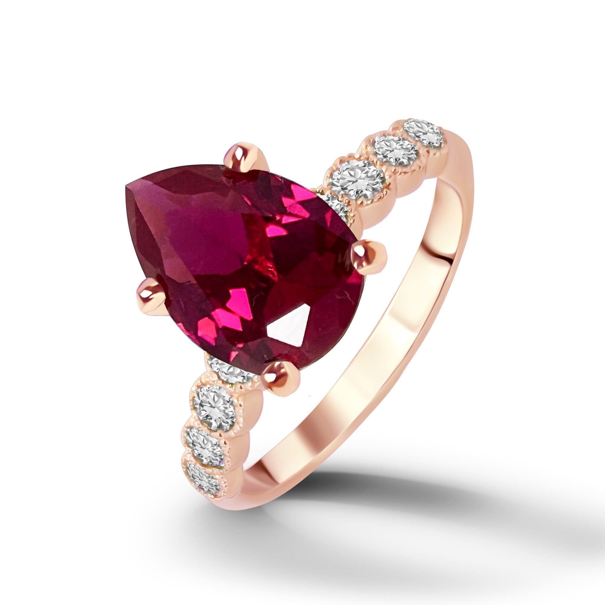 Pear-Shaped Ruby Engagement Ring with Clear Quartz Accents - H.L.Jewelry