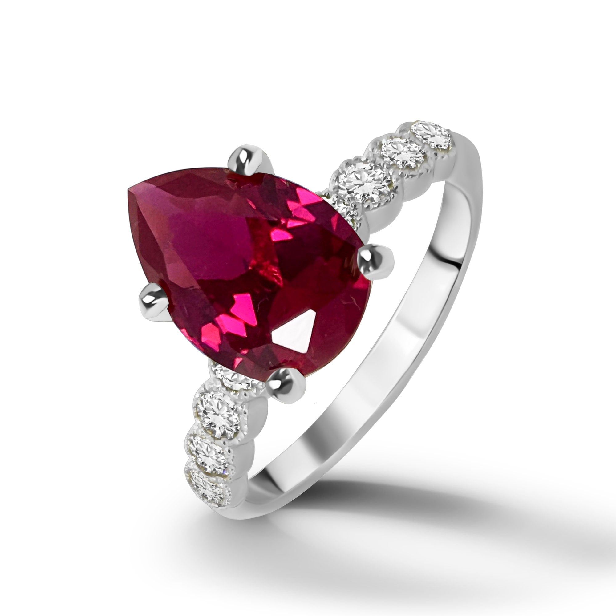 Pear-Shaped Ruby Engagement Ring with Clear Quartz Accents - H.L.Jewelry