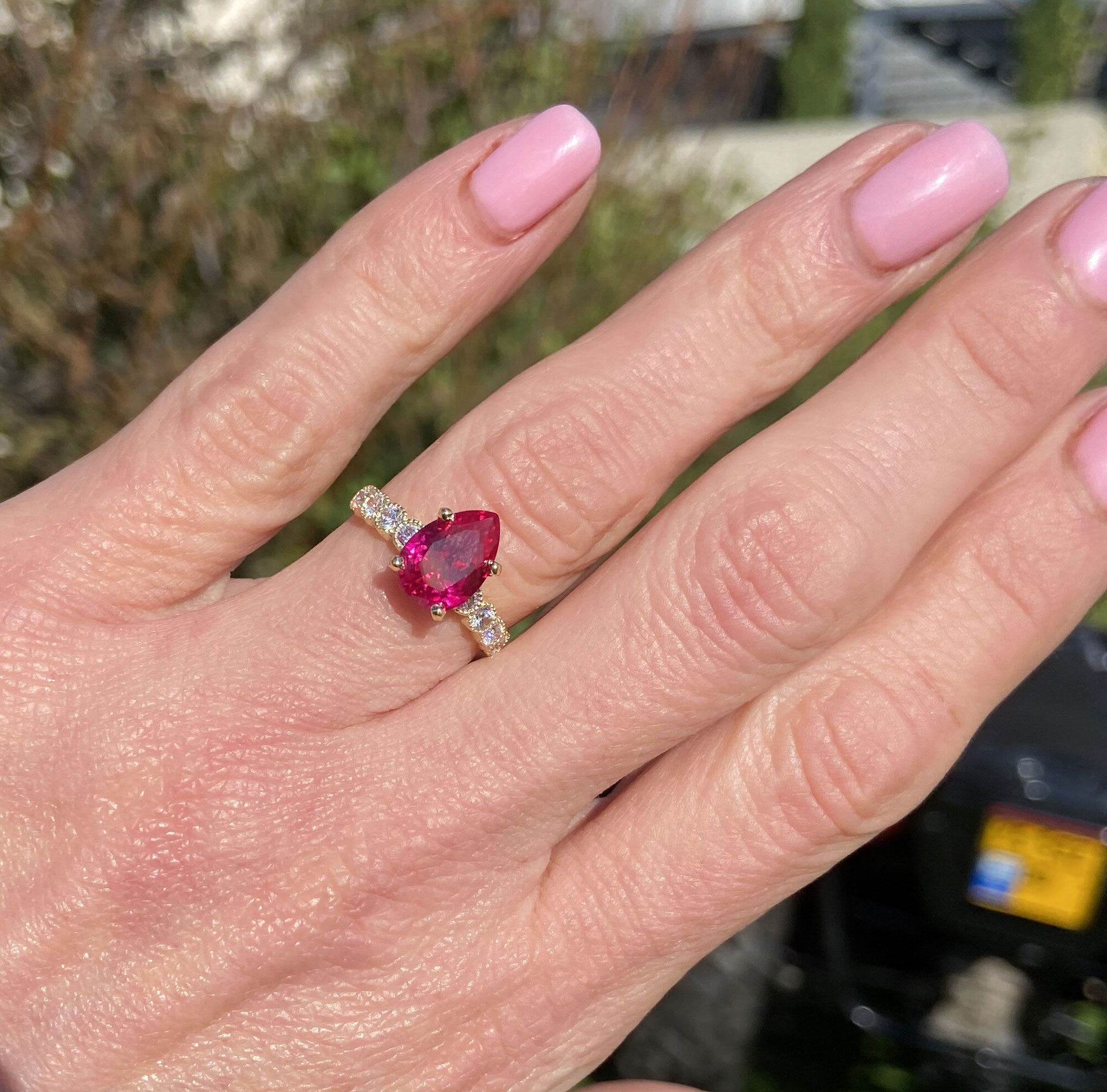 Pear-Shaped Ruby Engagement Ring with Clear Quartz Accents - H.L.Jewelry