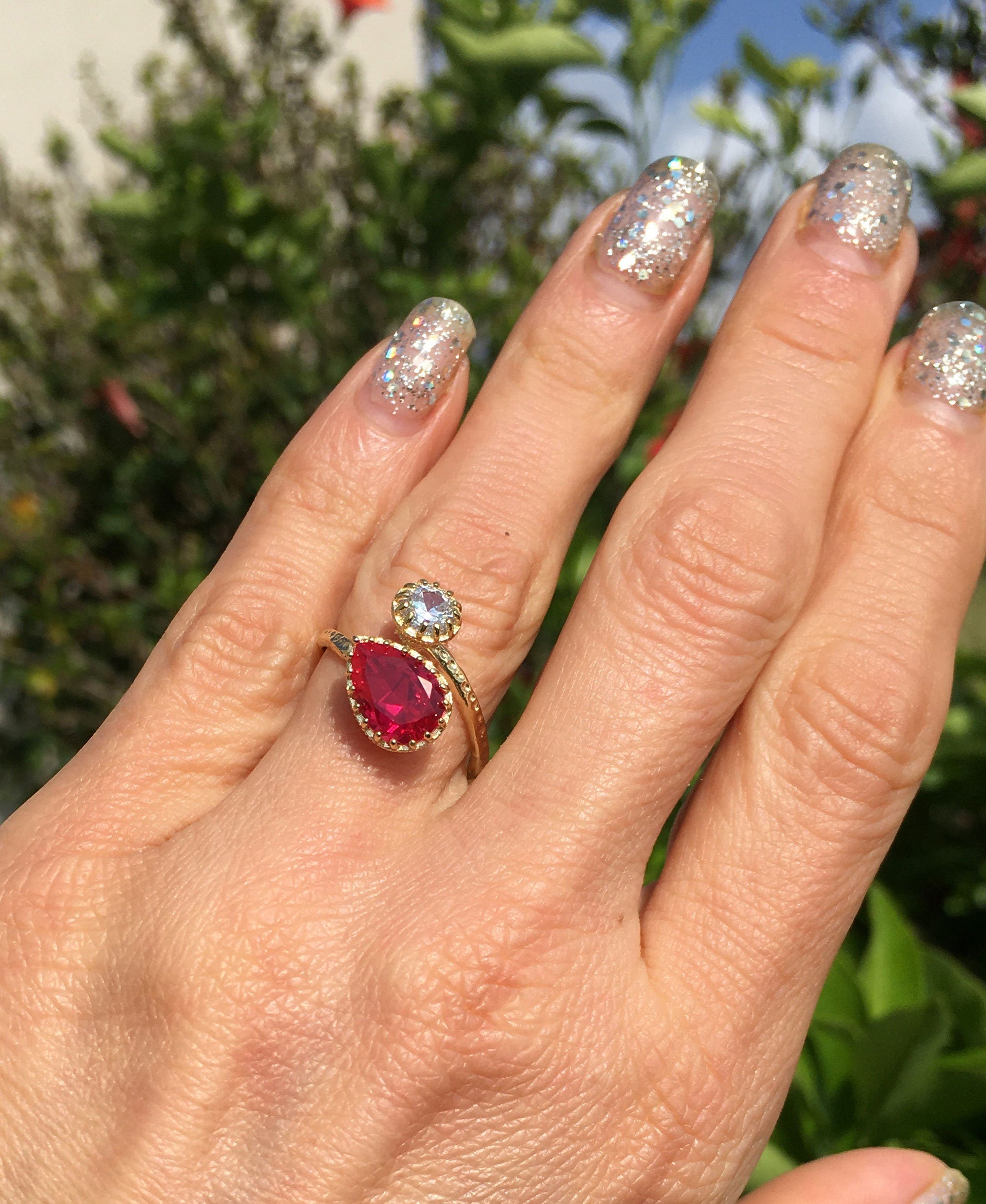 Pear-Shaped Ruby & Round Clear Quartz Adjustable Hammered Band Ring - H.L.Jewelry
