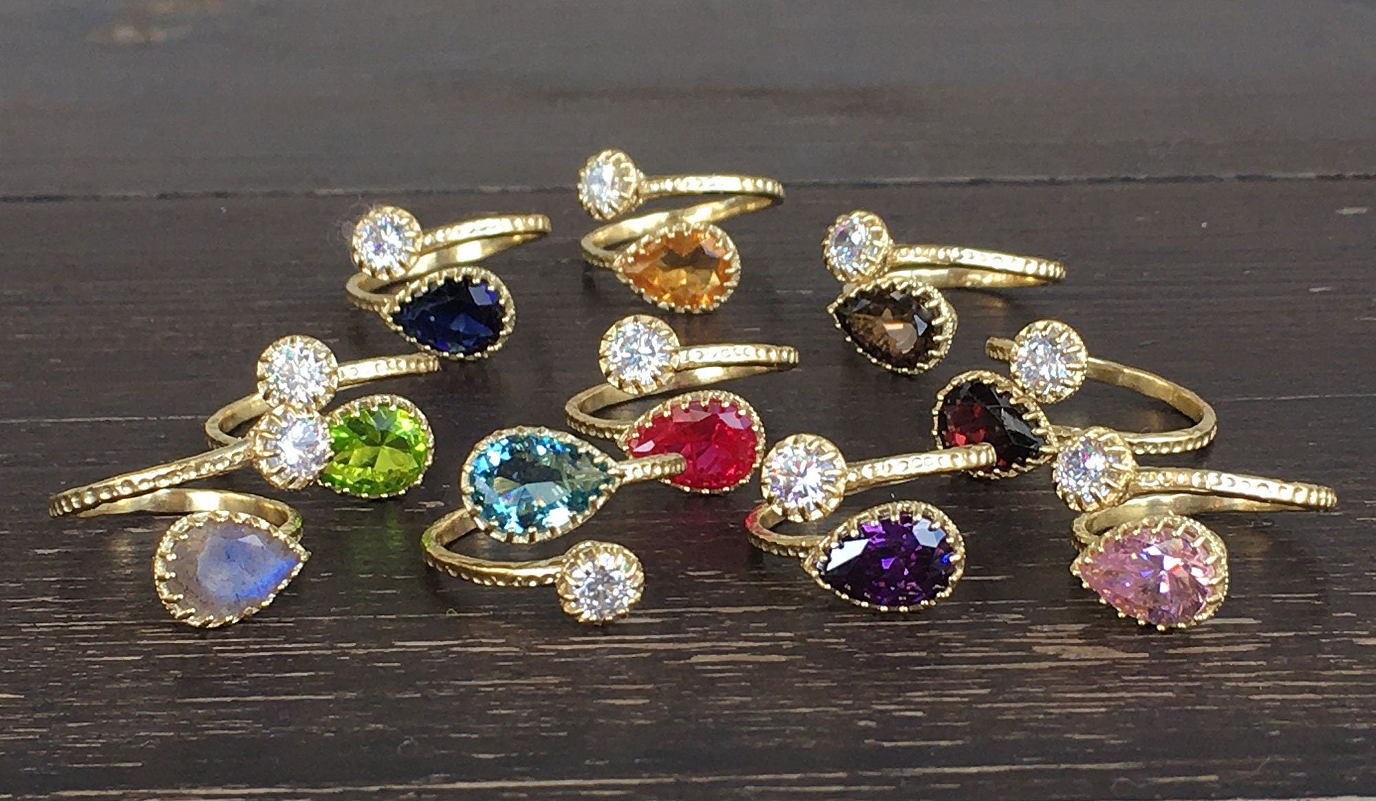 Pear-Shaped Ruby & Round Clear Quartz Adjustable Hammered Band Ring - H.L.Jewelry