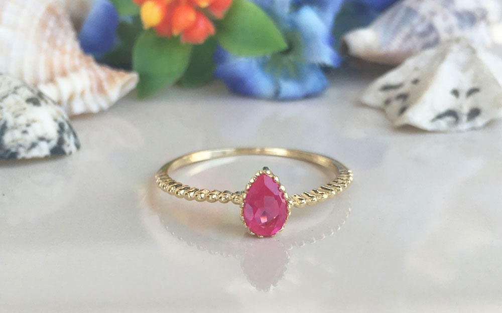 July Birthstone Ruby Teardrop Simple Delicate Ring - H.L.Jewelry