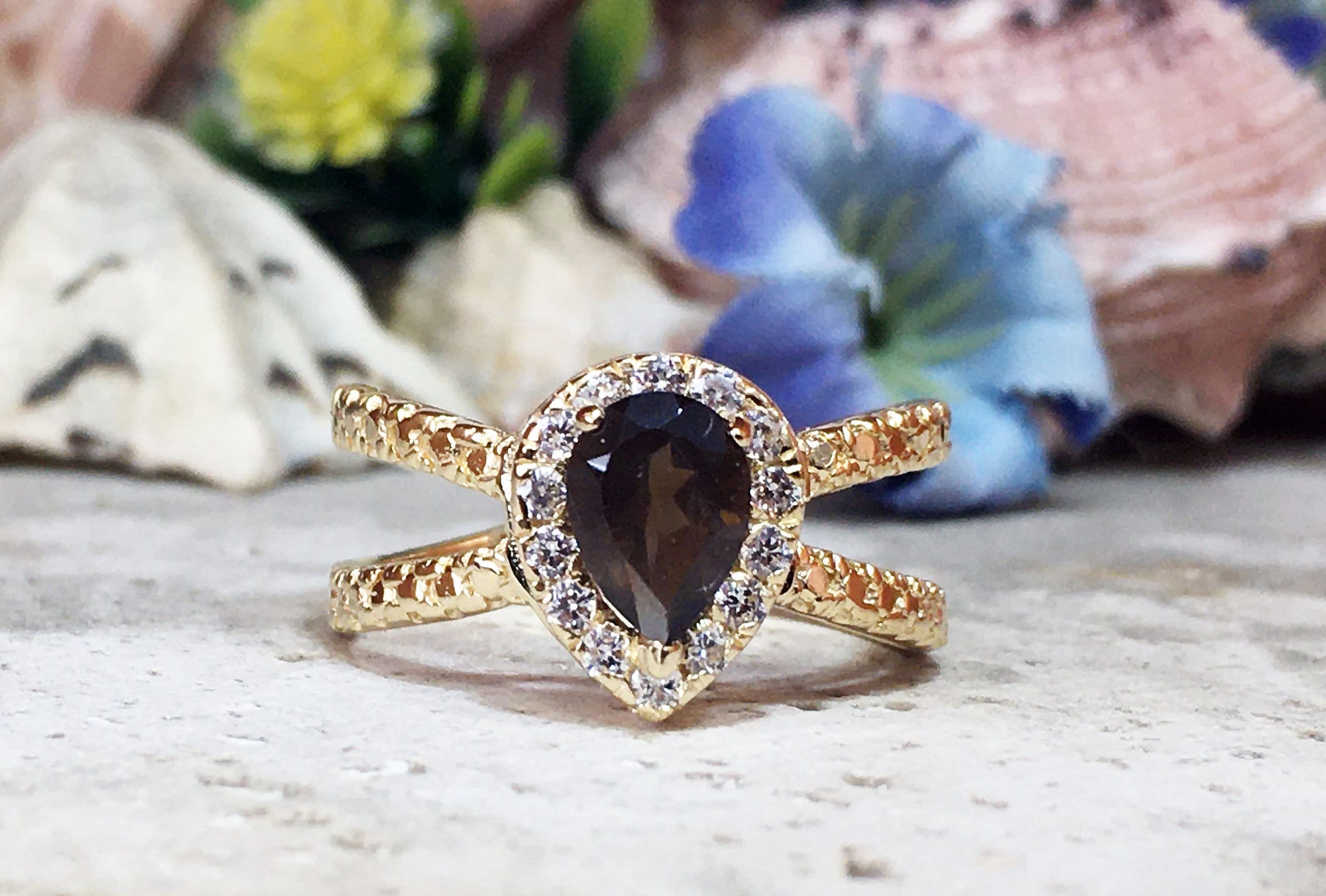 Pear-Shaped Smoky Quartz Crossover Ring with Clear Quartz Halo - H.L.Jewelry