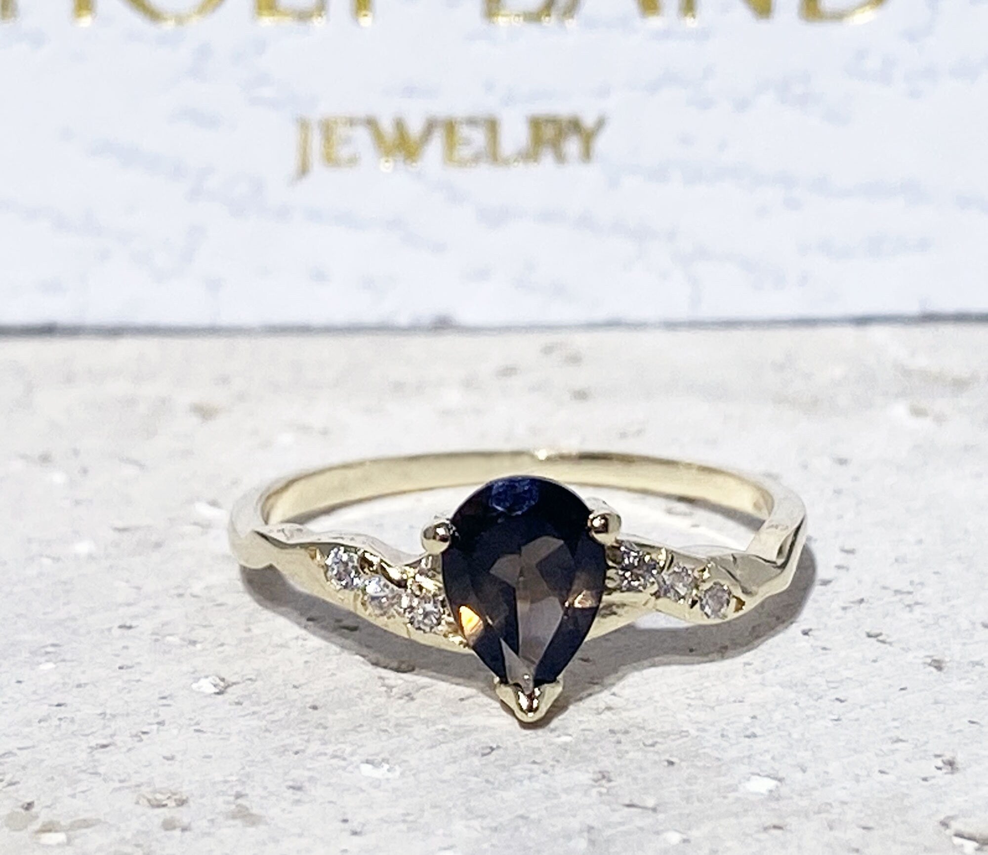 Pear-Shaped Smoky Quartz Delicate Ring with Clear Quartz Accents - H.L.Jewelry