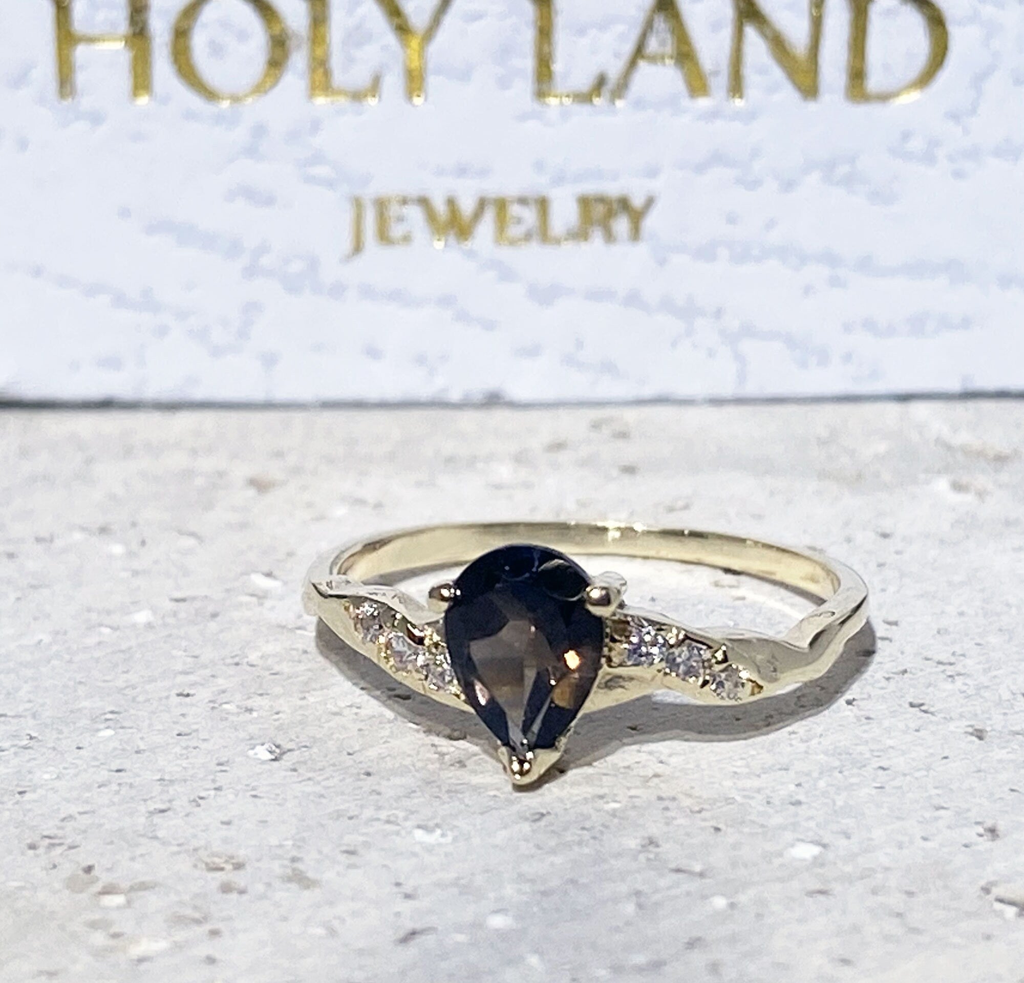 Pear-Shaped Smoky Quartz Delicate Ring with Clear Quartz Accents - H.L.Jewelry