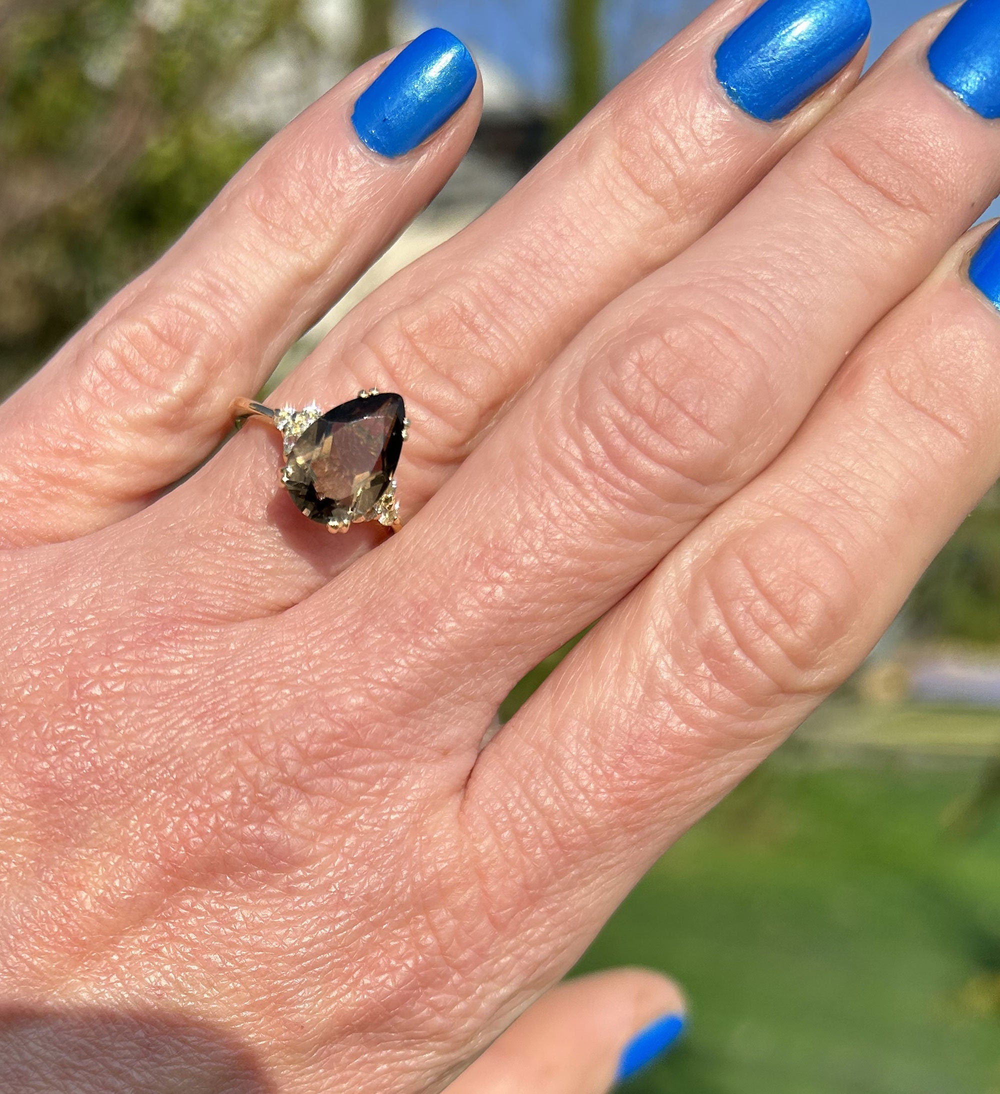 Pear-Shaped Smoky Quartz Engagement Ring with Clear Quartz Accents - H.L.Jewelry