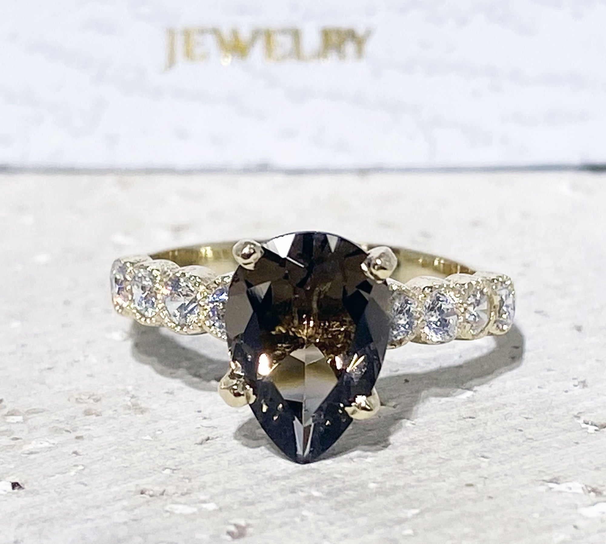 Pear-Shaped Smoky Quartz Engagement Ring with Clear Quartz Accents - H.L.Jewelry