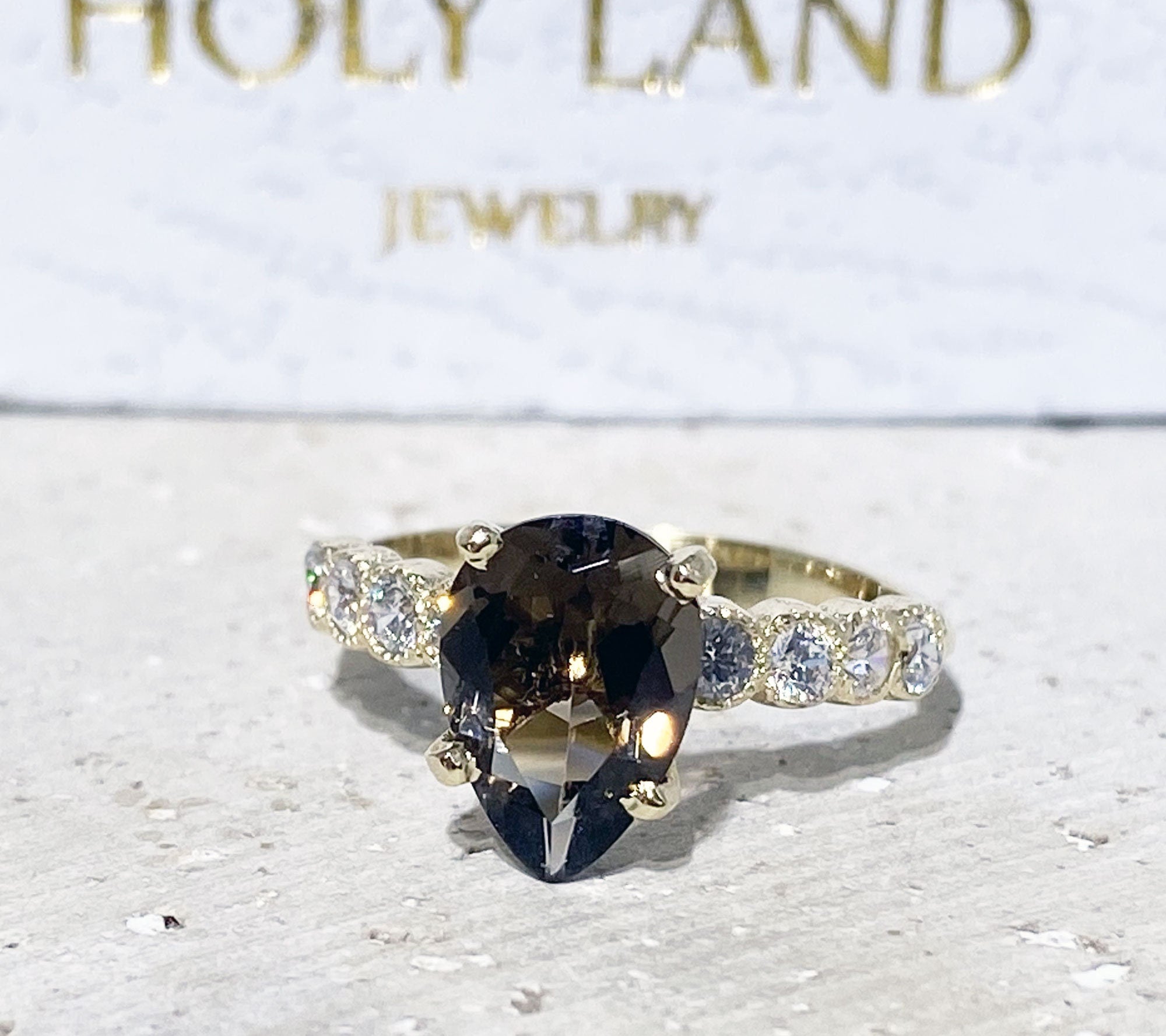 Pear-Shaped Smoky Quartz Engagement Ring with Clear Quartz Accents - H.L.Jewelry