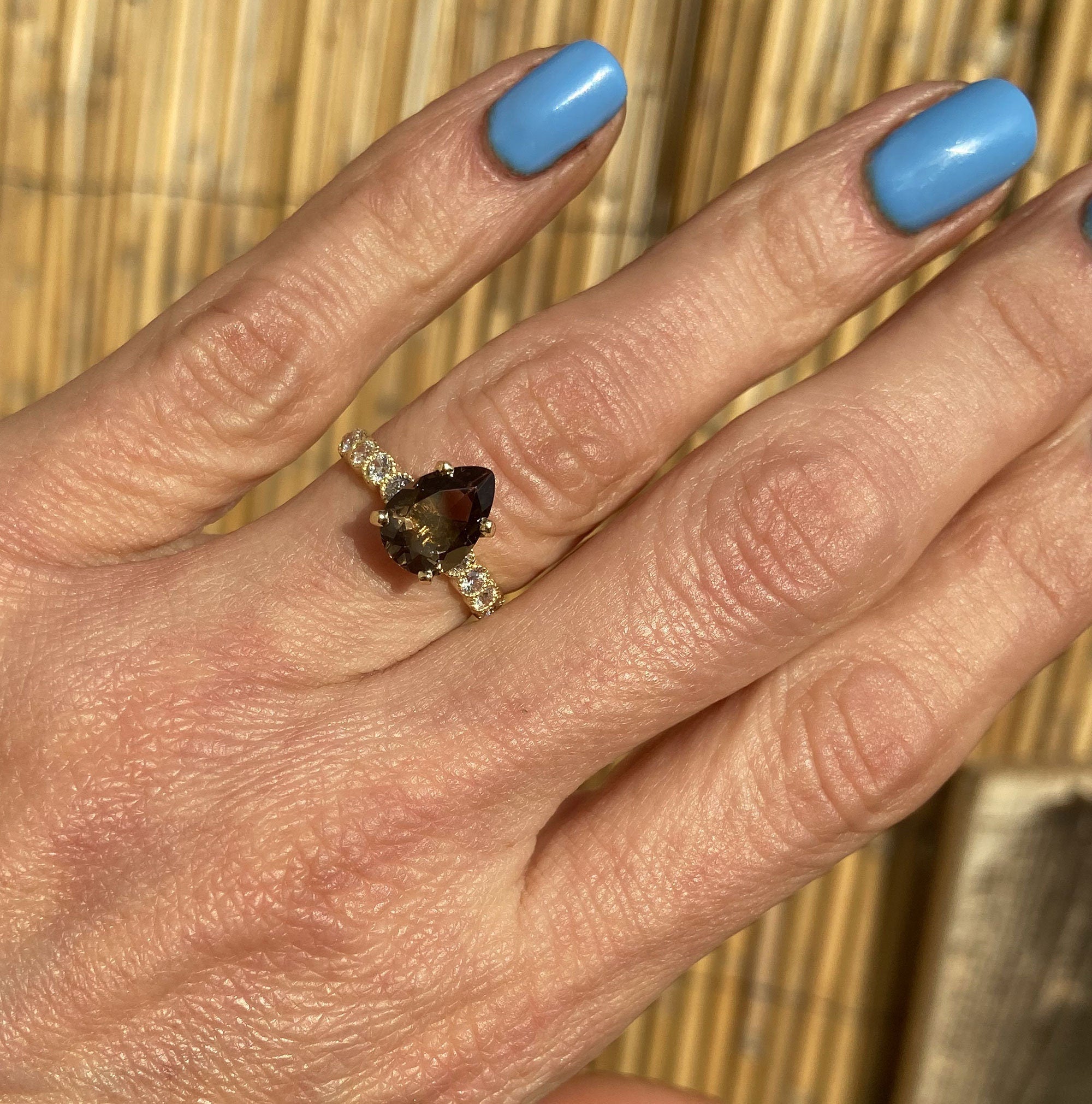 Pear-Shaped Smoky Quartz Engagement Ring with Clear Quartz Accents - H.L.Jewelry