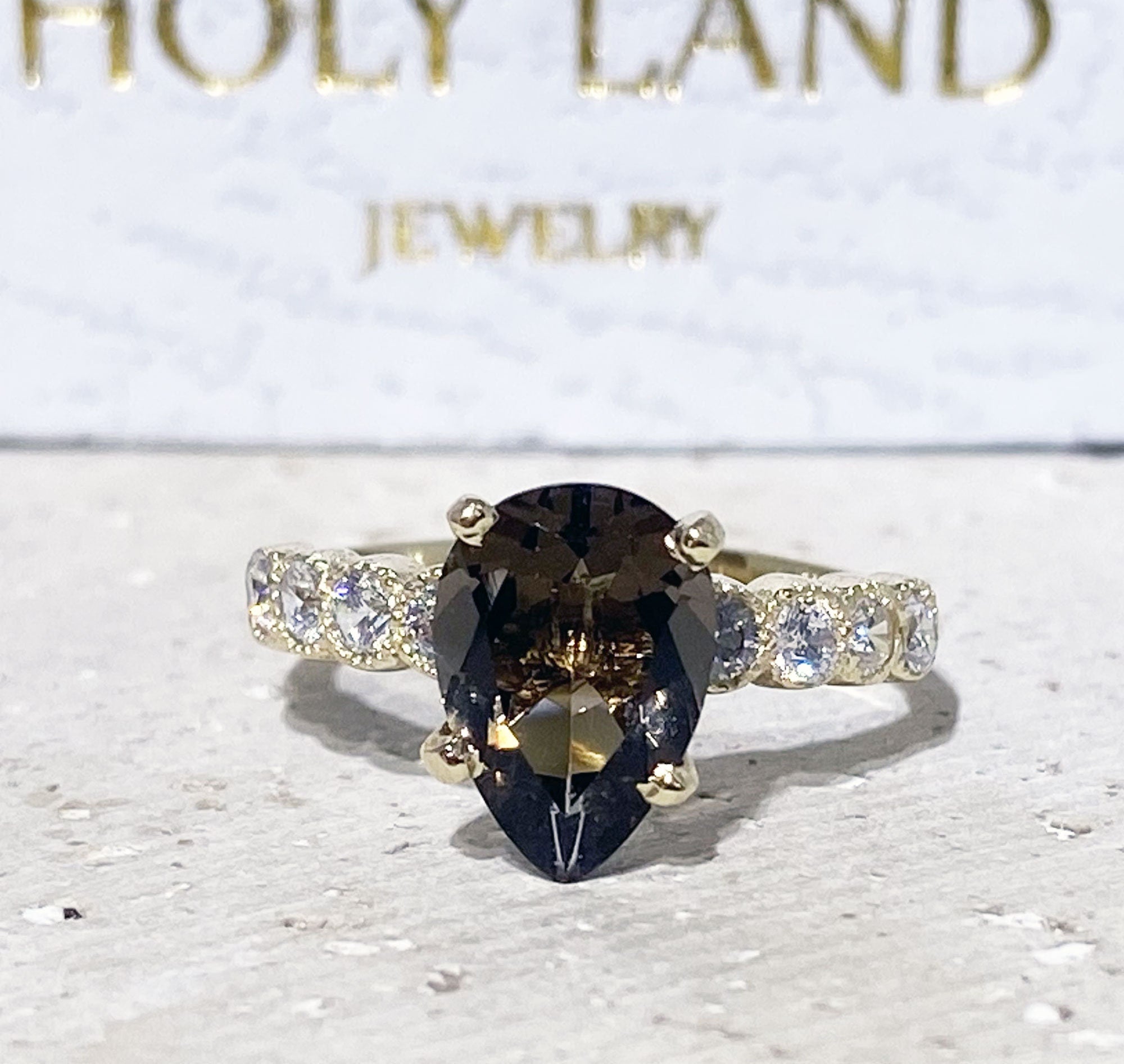 Pear-Shaped Smoky Quartz Engagement Ring with Clear Quartz Accents - H.L.Jewelry