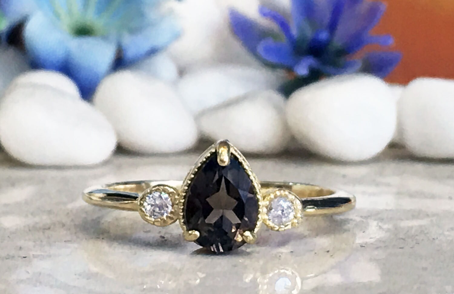 Pear-Shaped Smoky Quartz Simple Ring with Clear Quartz Accents - H.L.Jewelry