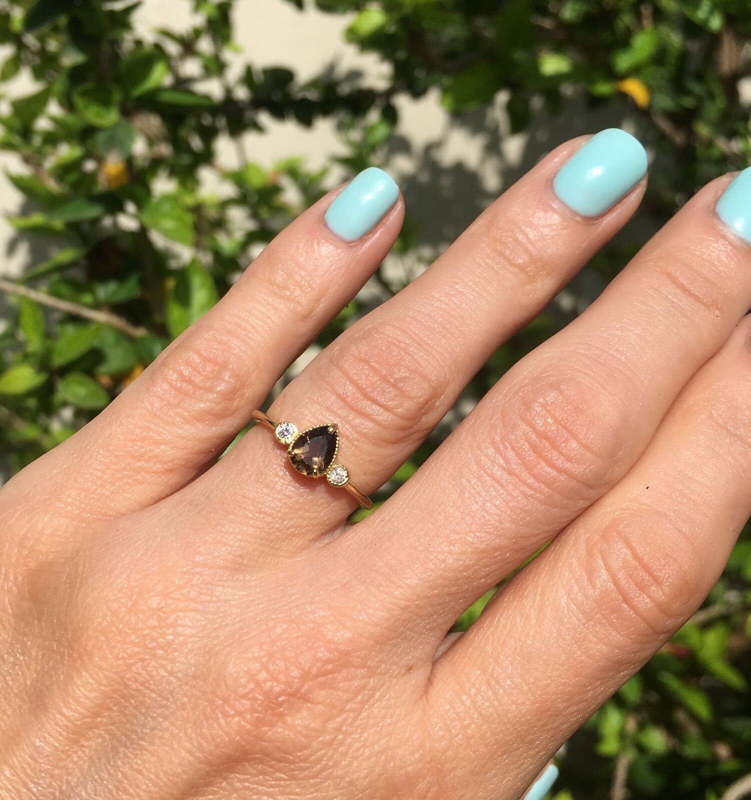 Pear-Shaped Smoky Quartz Simple Ring with Clear Quartz Accents - H.L.Jewelry