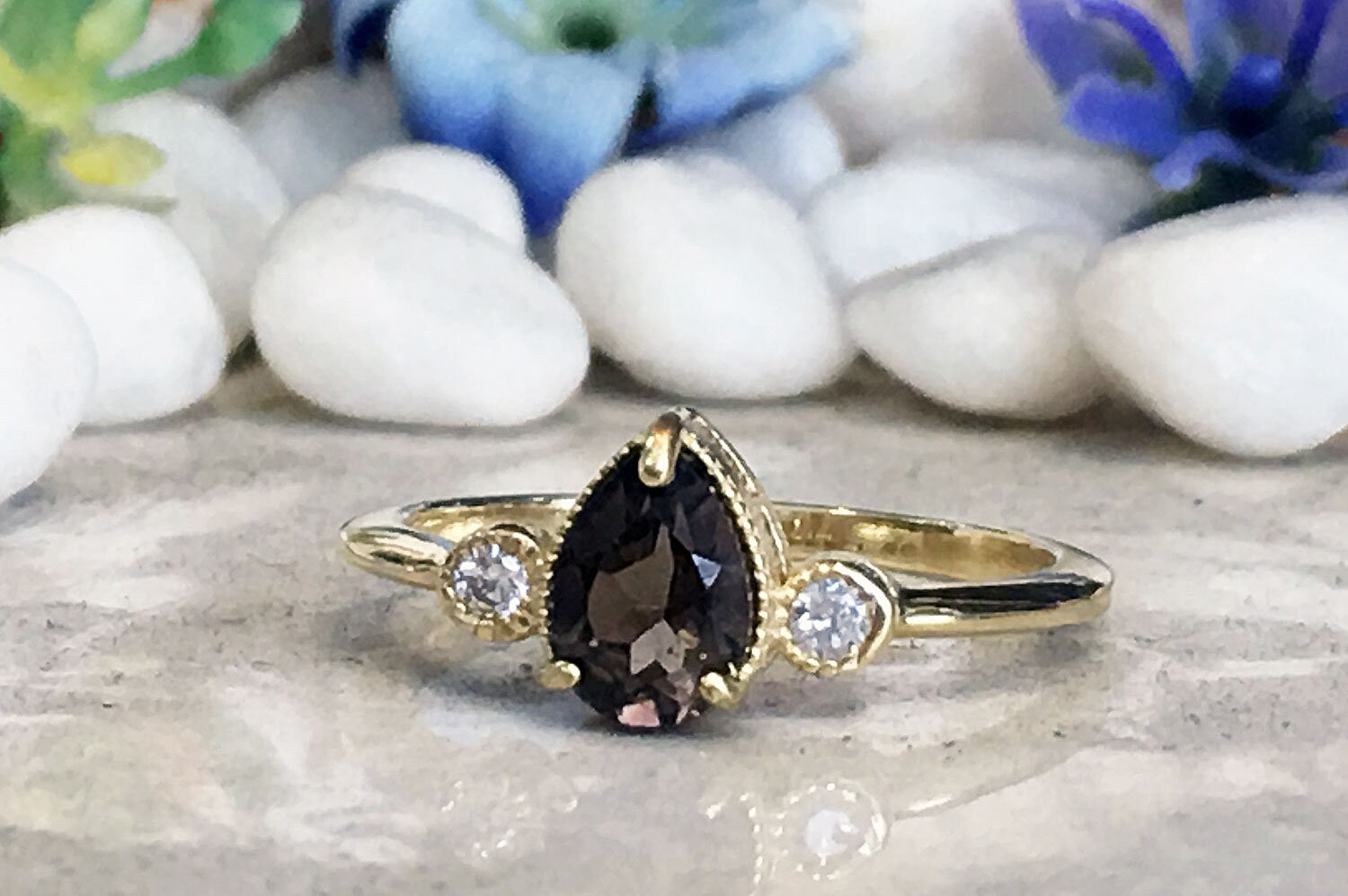 Pear-Shaped Smoky Quartz Simple Ring with Clear Quartz Accents - H.L.Jewelry