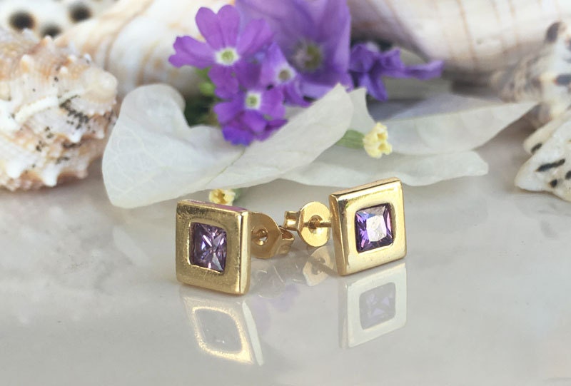 Purple Amethyst Simple Square Stud Earrings - H.L.Jewelry