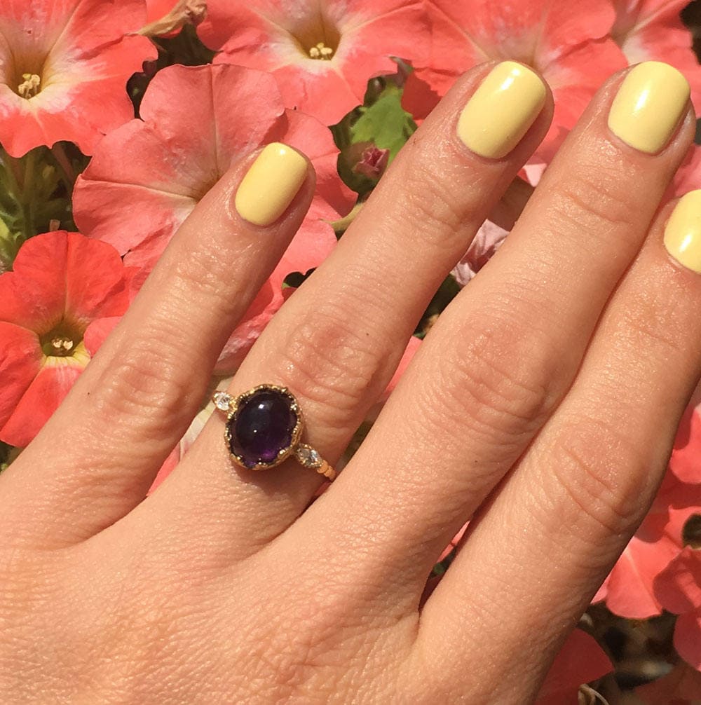 Purple Amethyst Vintage Oval Crown Ring with Clear Quartz Accents - H.L.Jewelry