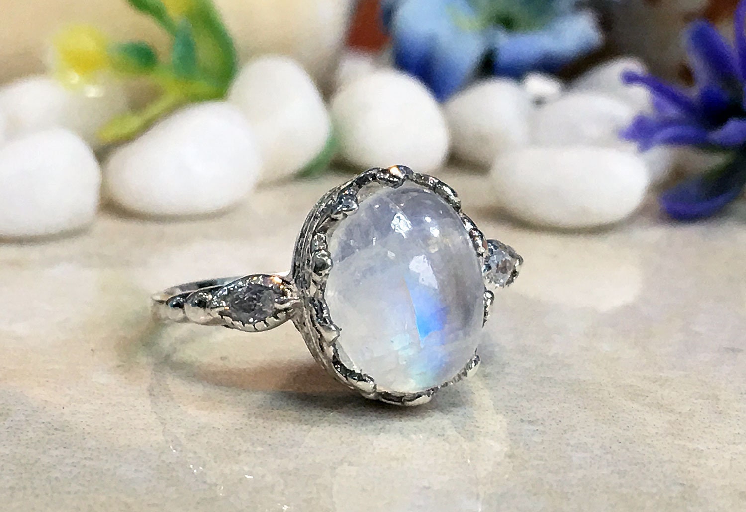 Rainbow Moonstone Vintage Oval Crown Ring with Clear Quartz Accents - H.L.Jewelry