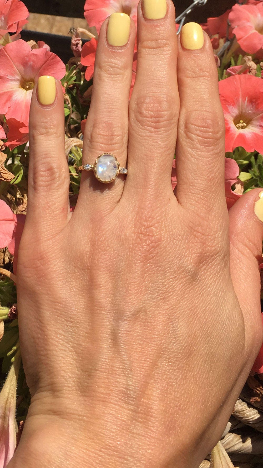 Rainbow Moonstone Vintage Oval Crown Ring with Clear Quartz Accents - H.L.Jewelry