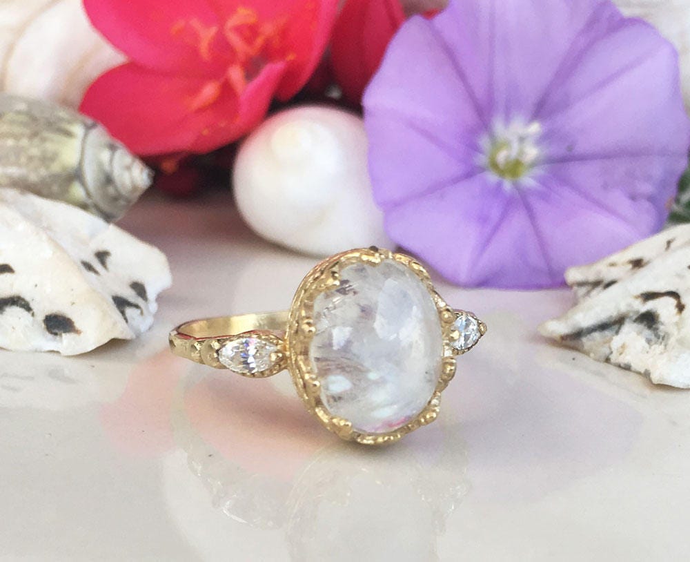 Rainbow Moonstone Vintage Oval Crown Ring with Clear Quartz Accents - H.L.Jewelry