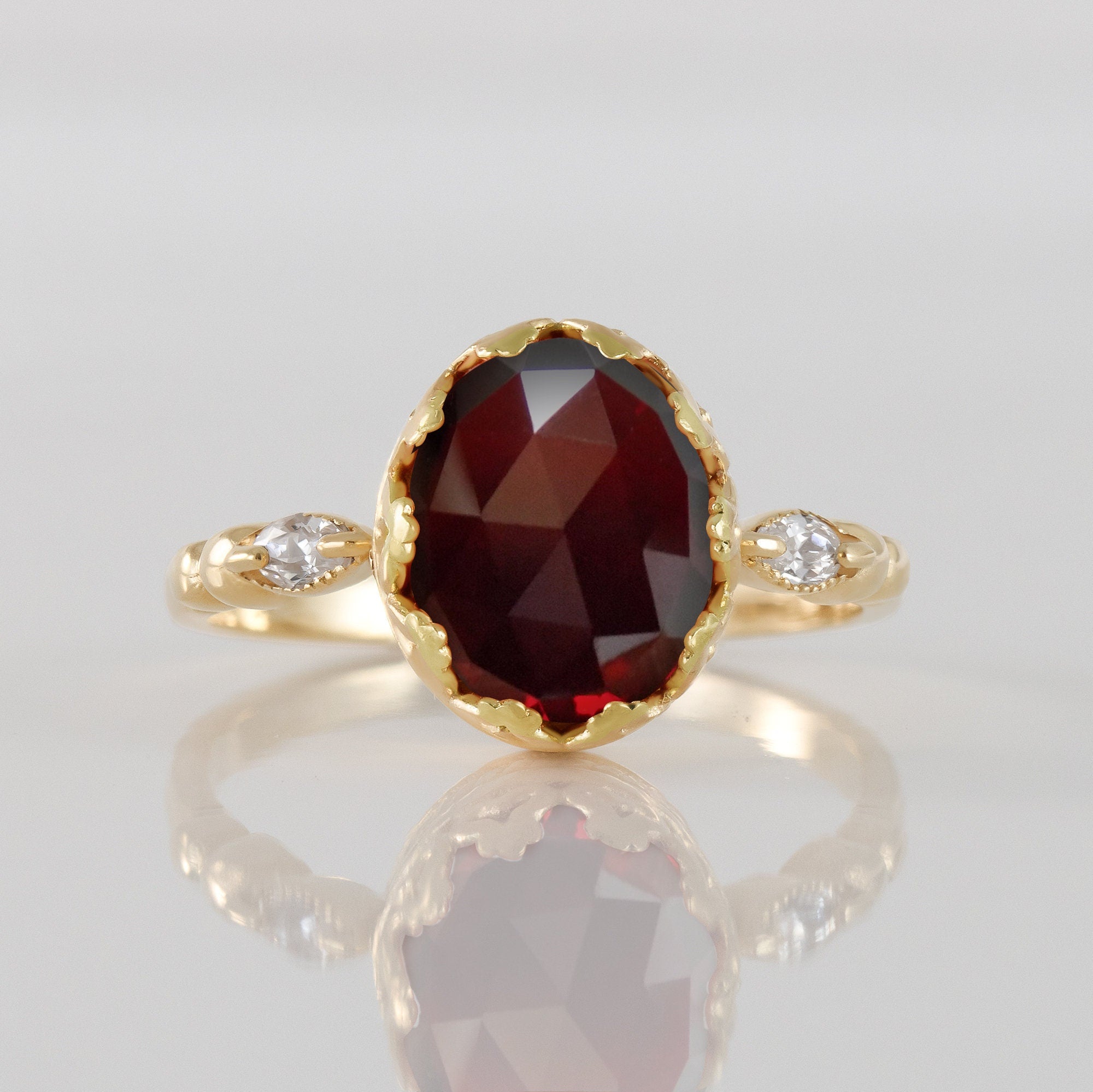 Red Garnet Vintage Oval Crown Ring with Clear Quartz Accents - H.L.Jewelry