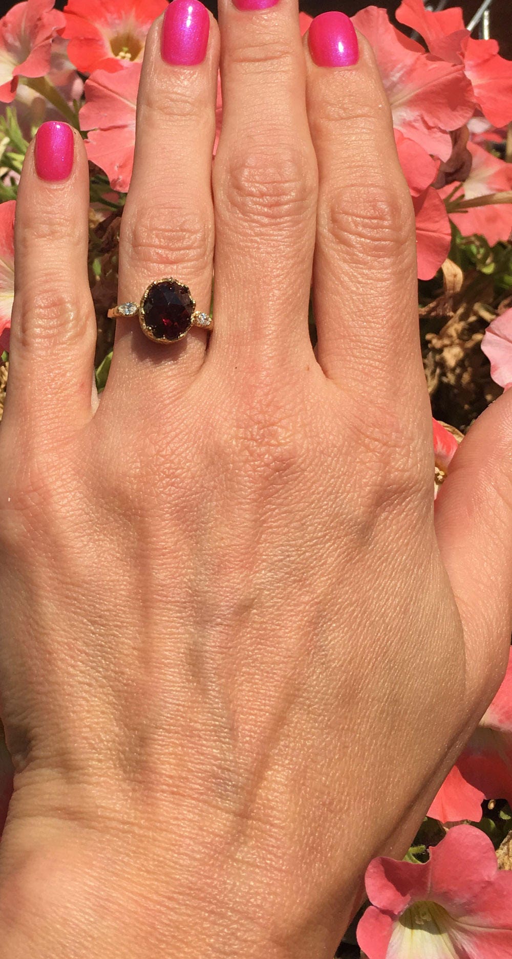 Red Garnet Vintage Oval Crown Ring with Clear Quartz Accents - H.L.Jewelry