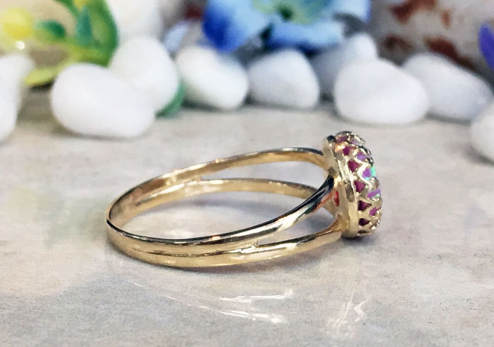 Rose Opal Round Crown Double Band Ring - H.L.Jewelry