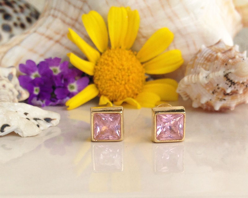 Rose Quartz Simple Square Stud Earrings - H.L.Jewelry
