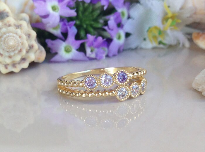Round Alexandrite & Clear Quartz Six-Stone Stackable Dual Ring Set - H.L.Jewelry