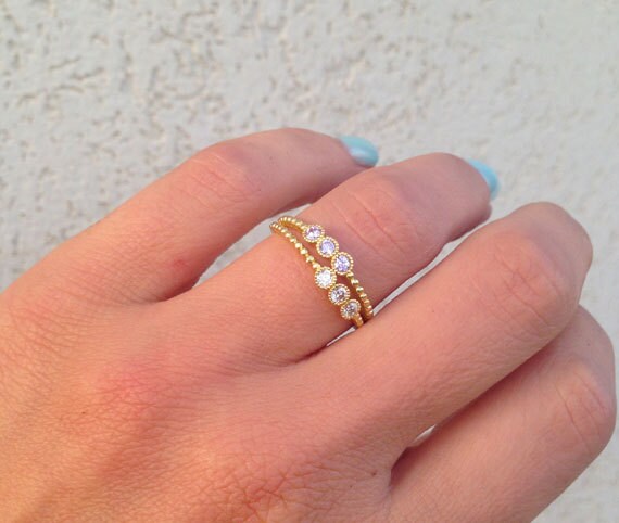 Round Alexandrite & Clear Quartz Six-Stone Stackable Dual Ring Set - H.L.Jewelry