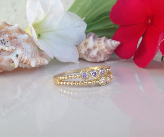 Round Alexandrite & Clear Quartz Six-Stone Stackable Dual Ring Set - H.L.Jewelry