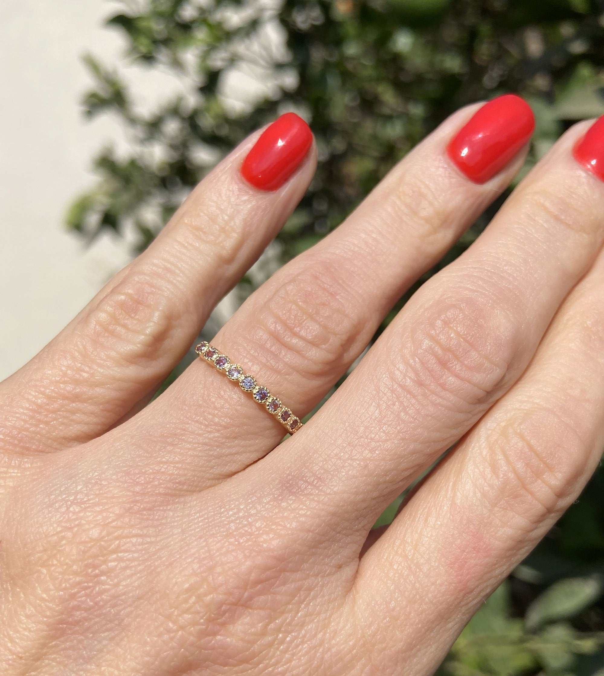 Round Alexandrite Eleven Stone Half Eternity Stacking Simple Ring - H.L.Jewelry