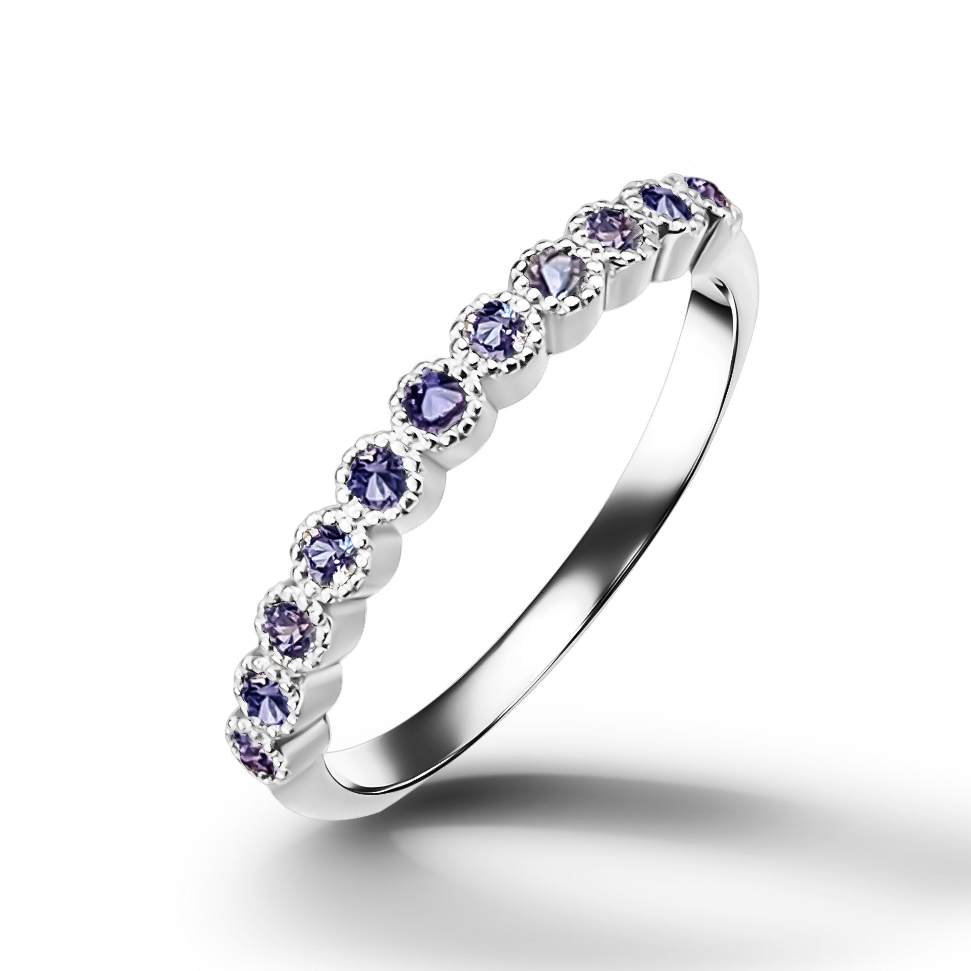 Round Alexandrite Eleven Stone Half Eternity Stacking Simple Ring - H.L.Jewelry